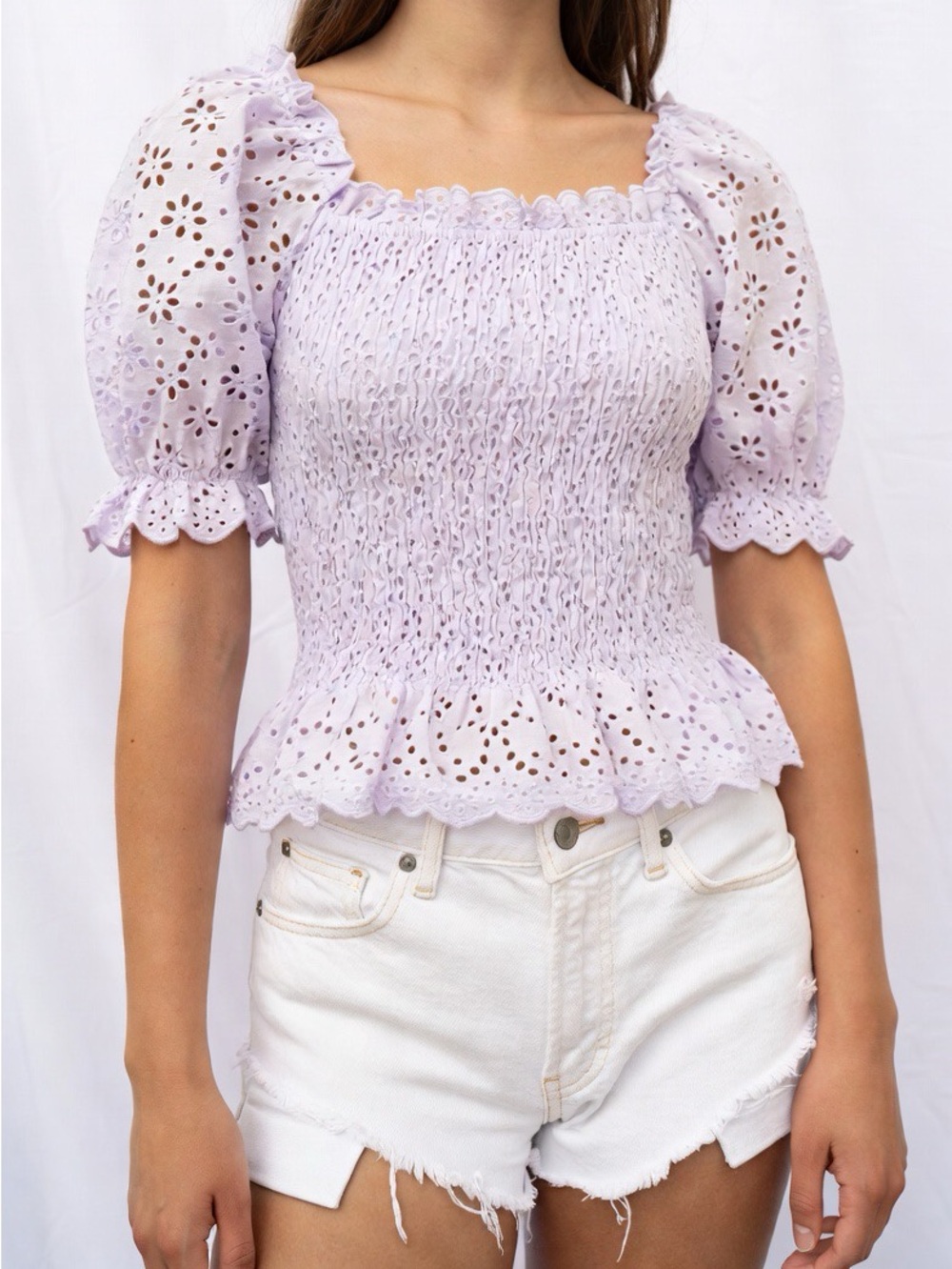 Lilac Eyelet Smocked Puff Sleeve Peplum Broderie Anglaise Coquette Cottagecore